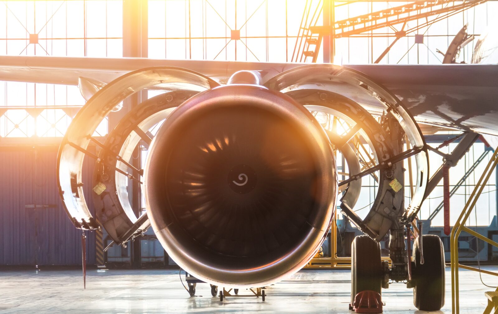 Airplane engine in a hangar